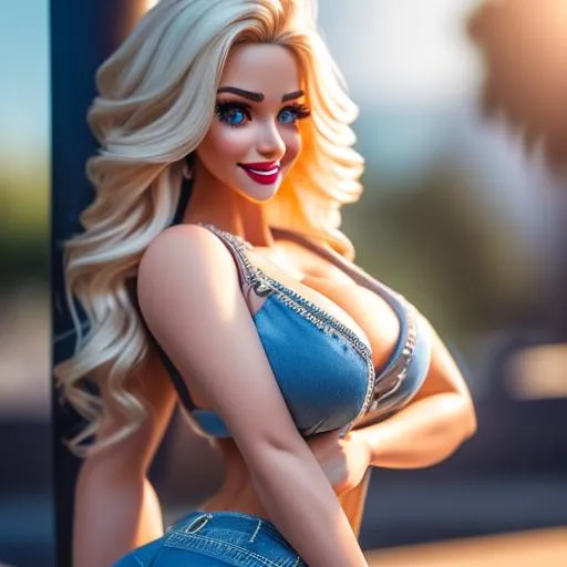 Prompt: extremely realistic, hyperdetailed, blonde hair big busty girl, wears overall jeans, showing deep cleavage, deep red blush, smiling happily, hair blowing in the wind, highly detailed face, highly detailed eyes, highly detailed body, full body, whole body visible, full character visible, soft lighting, high definition, ultra realistic, unreal engine 5, 8K, digital art