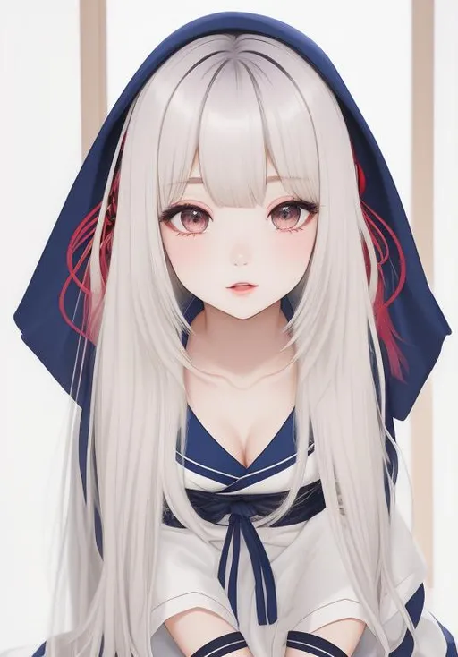 Prompt: ombre hair, japanese, long hair, bangs  covering one eye, 13 year old girl, solo, pale skin, busty, mole under eye, mole on {{breast}}, fullbody, XXXXXX hair accessory, ((full body)) {{good looking}} {{cute}} {{good body}} {{tight}}, symmetrically colored hair, {{shadows}},
