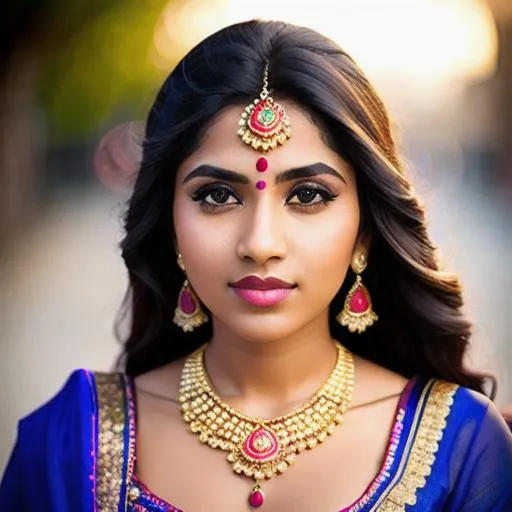 Prompt: "there's only one who paid the price for you", very beautiful young woman, Hindu religious jewelry, city background, shiny pearls, 28mm lens, F4.5, fill flash, studio lighting