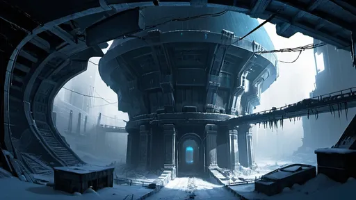 Prompt: huge crater covered in greeble, very dark, complete darkness, mostly dark, huge underground cavern, colossal statues, ruins of a frosty fantasy city in a vast irregular crater, sewer, aerial view, view from above, top-down view, abandoned laboratory, thick pylons, blackened wreckage, scattered debris, dead trees, snowy, frozen, icy, icicles, ice, large obelisks, humanoid statuary, archways, eerie green lights, glowing blue sconces, ancient aztec architecture, polygonal buildings, curved paths, curved roads, curved walls, polygonal shapes, shattered domes, broken buildings, crumbled buildings, broken aqueducts, cold lighting, city lights, magical lighting, fantasy lighting, hyper realistic, highly detailed, somber mood, desolation of cybertron, exposed floors, exposed rooms, bent metal struts, exposed rebar, exposed wiring, exposed sewer system, futuristic cyberpunk tech-noir setting, robotic city, interconnected buildings, devastated infrastructure, loose wiring, busted pipes, broken spires, multiple levels, gloom, bioluminescent lichen, no vegetation