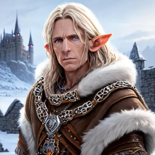 Prompt: portrait of a male half elf druid in fur clothes and wearin a necklace made o teeth and bones) , castle background, D&D setting, detailed face, smooth, perfect composition, hyperrealistic, super detailed, 8k, high quality, trending art, trending on artstation, sharp focus, studio photo, intricate details, highly detailed, by matte digital illustration, by koyorin, donato giancola, pixiv