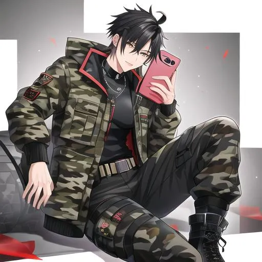 Prompt:  Yuichi 1male. {{Black mohawk hair}} Wearing a camouflage jacket, cargo pants, sturdy boots, utility belt with pockets. Adam Manyoki, sots art, official art, a character portrait,