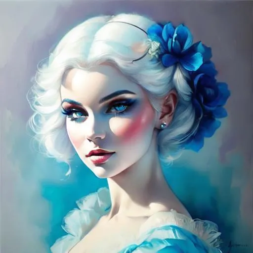 Prompt: A beautiful woman, snow white hair with pastel highlights, frosty blue eyes, blue eyeshadow, blue jewels on forehead