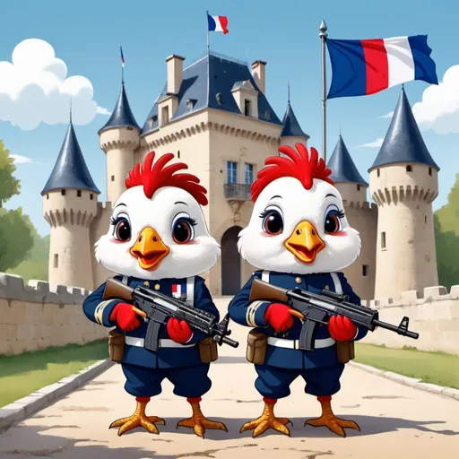 Prompt: two small cute coqs in French military uniforms, with Famas assault rifles in hands, cartoon French castle and french flag as background
