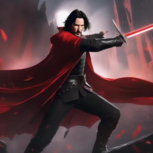 Prompt: Keanu Reeves as a Vampire, wearing a brigandine and red shoulder cape, dual wielding swords, action pose, detailed background, UHD, Perfect Face, Perfect Hands, High Quality, {{Masterpiece}}, Anime