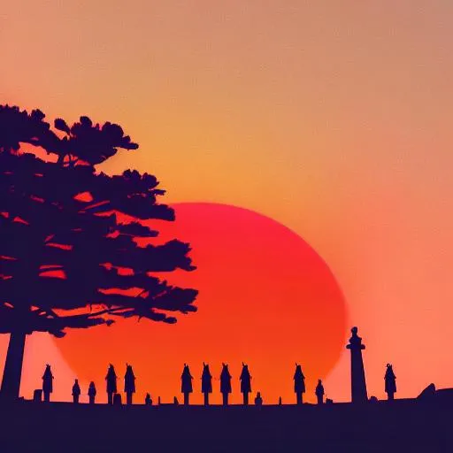 Prompt: Multiple layers of silhouette Indian buildings, with silhouette of cemetery, sharp edges, at sunset, with heavy fog in air, vector style, horizon silhouette Landscape wallpaper by Alena Aenami, firewatch game style, vector style background