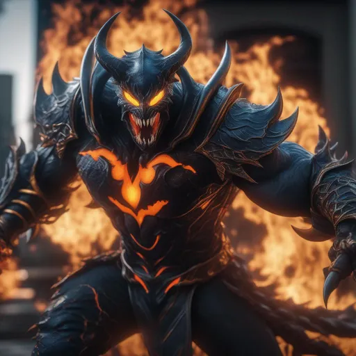 Prompt: a death knight with a Venom mouth (Venom movie), with horns forward on his forehead, orange fire eyes, FULL BODY, Hyperrealistic, sharp focus, Professional, UHD, HDR, 8K, Render, electronic, dramatic, vivid, pressure, stress, nervous vibe, loud, tension, traumatic, dark, cataclysmic, violent, fighting, Epic