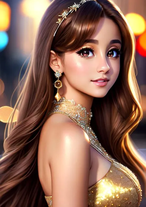 Prompt: best quality, realistic, masterpiece, an extremely delicate and beautiful, CG, extremely detailed , highres, extremely detailed, night city background, ariana grande, beautiful detailed girl, head and shoulder portrait, realistic, dress, beautiful detailed brown eyes, light on face, cinematic lighting, brown long hair, eye contact, brown skin, smile