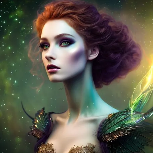 Prompt: HD, 4K, 3D, Stunning, magic, cinematic gothic beauty, ethereal green wings, kinematic bottom view,fairy queen,gothic enchanted, light contrast, long, curly redhead hair, lovely, romantic, tender, purple light, moon glow, perfect female beauty, intricate, pale traslucent skin, golden ratio, look in camera, gorgeous sinuous body, female body,gorgeous eyes