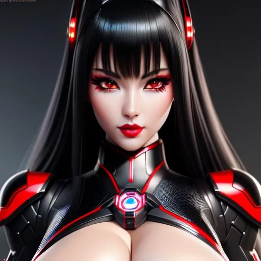 Prompt: Hyperrealistic detailed full body of feminine ((sexy robot woman)) who has ((red eyes)) and ((synthetic black hair)) with ((sexy outfit)) with deep cleavage, overpowering posture and face expression, highly detailed, Trending on artstation, HD quality, ((huge breast)), ((sexy)), sharp focus, professional, UHD, HDR, 8K, Render, Front low view, Canon, 24mm, Spotlight lighting