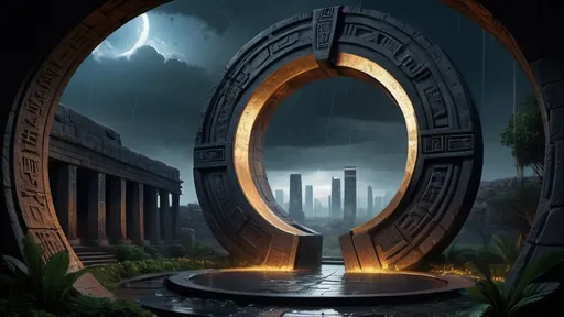 Prompt: magical portal between cities realms worlds kingdoms, circular portal, ring standing on edge, upright ring, freestanding ring, hieroglyphs on ring, complete ring, ancient babylonian architecture, gardens, ruins, turned sideways view, futuristic cyberpunk tech-noir setting, dark night, rain, stormy sky