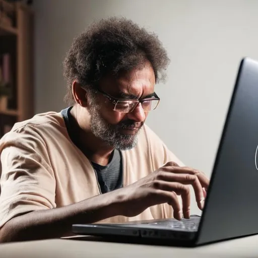 Prompt: Man cracking his fingers in front of a laptop