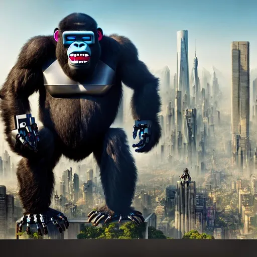 Prompt: colour of {Half Robot, Half Gorilla} with cheeky grin on face, {distopian city background }, perfect composition, hyperrealistic, super detailed, 8k, high quality, trending art, trending on artstation, sharp focus, studio photo, intricate details, highly detailed, by greg rutkowski