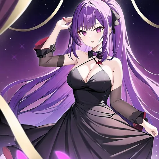 Prompt: Girl with purple hair and red eyes wearing a black dress in a fancy party at night (4k)