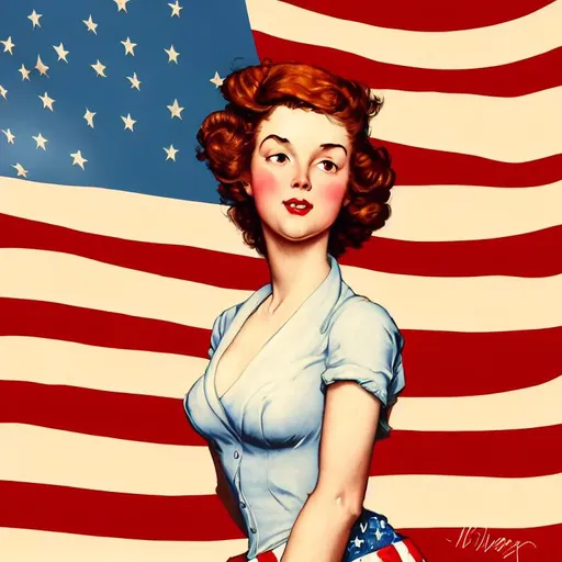 Prompt: illustration patriotic poster by Norman Rockwell and Artgerm, beautiful woman with curly auburn hair standing in front of an American flag that is waving in a slight breeze, WWII pin-up girl, award-winning cgi, blender 