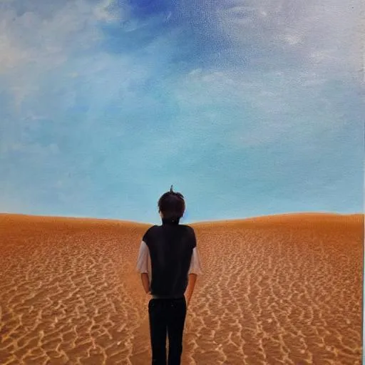 Prompt: A beautiful painting of a 17 years old boy standing in a huge desert .