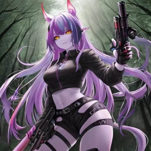 Prompt: Haley  as a demon (multi-color hair) (multi-color eyes)(she has horse ears), holding a pistol, in a gunfight, bullets flying, in the woods, fighting with her claws