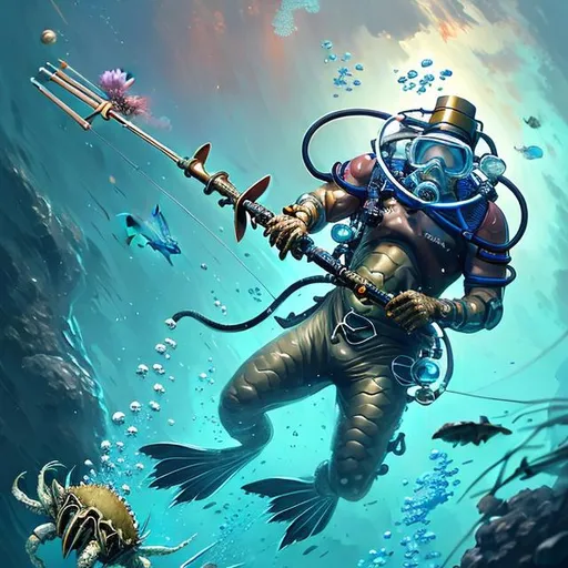 Prompt: scuba diver using a speargun, shooting, giant crab creature monster, through a deep sea | | cute - fine - fine details by stanley artgerm lau, wlop, rossdraws, trending on artstation, brush strokes