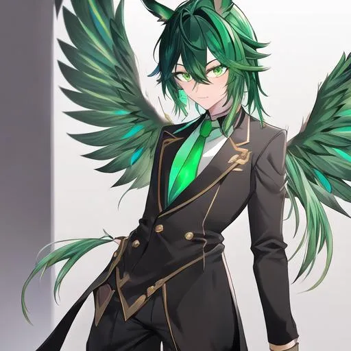 Prompt: Male. Small and masculine build. human animatronic hybrid, with focused emerald eyes. They identify as a Male. Emerald colored feathery pegasus wings and tail. Short dark Green ombre hair. horse ears adult