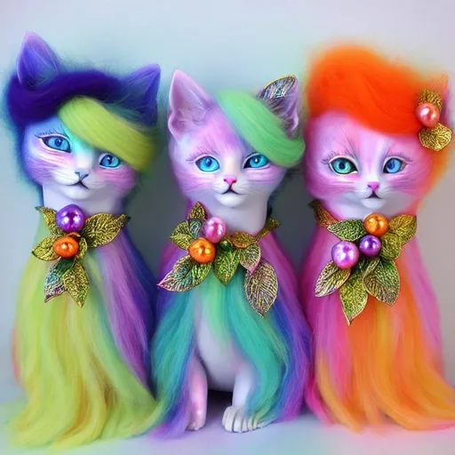 Prompt: Iridescent pastel fairy cats::2 covered with tangerine spun silk. Pearly indigo red green photorealistic eyes. furred cats leaning into one another with matching bouffants. kittens like bright yellow pompoms. Golden lilly goblets overflowing with effervescent honeycomb. Opalescent summer fruits in crinkled sweet wrappers. leaves, flowers with intricate patterns, airbrush, acryl on marbled paper, global illumination, occlusion, volumetric lighting, wide angle shot,  Fragonard, Ernst Haeckel 128K UHD Unreal Engine 5, octane 