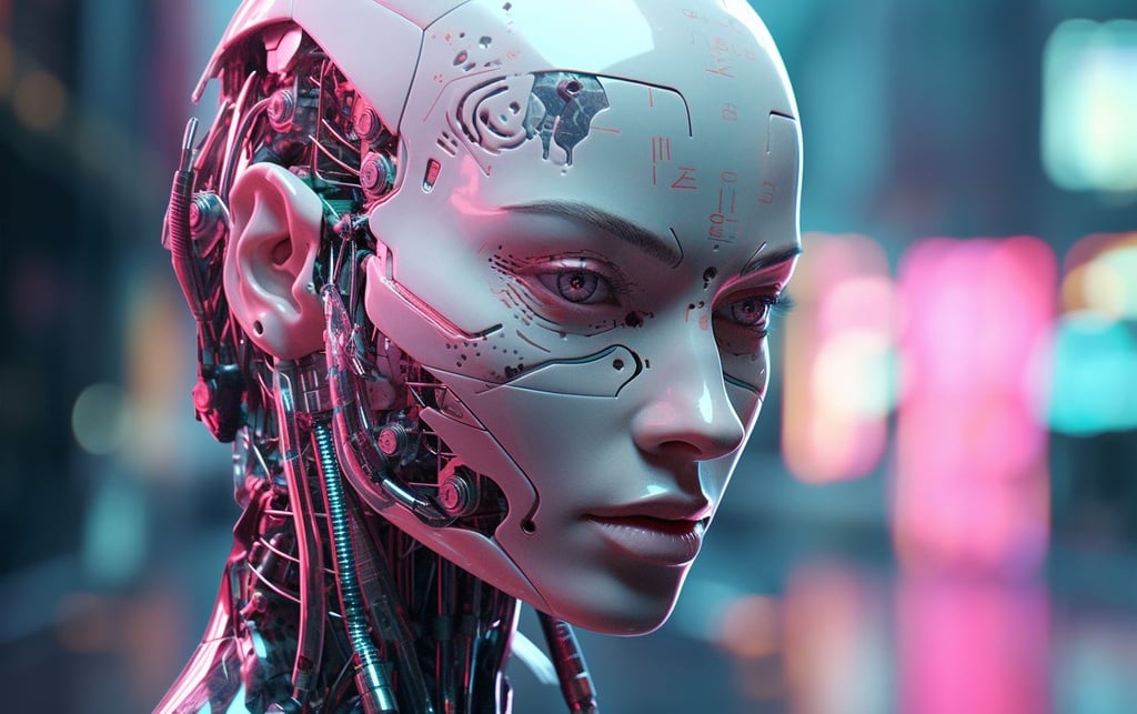 Prompt: the humanoid is depicted in the head of a robot, in the style of cyberpunk realism, light cyan and pink, photorealistic paintings, 32k uhd