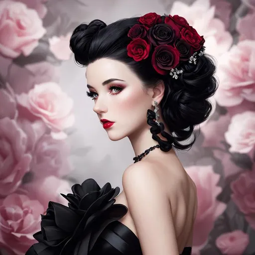 Prompt: Beautiful woman portrait wearing a black evening gown,  black hair, dark eyes, ruby jewelry,elaborate updo hairstyle adorned with flowers, facial closeup