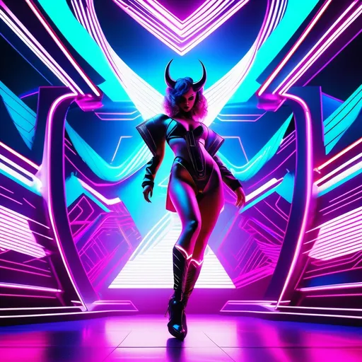 Prompt: a beautiful female demon in a dynamic pose in a retro futuristic synthwave cyberpunk neon paradise.  neon lighting, high quality, beautiful, synthwave, cyber, retro, futuristic