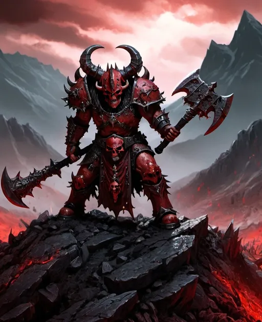 Prompt: warhammer fantasy rpg style Chaos warrior of Khorne in red armor, holding two-handed axe, blood stained, intricate details, realistic rendering, dark fantasy, brutal and menacing, detailed textures, high quality, dark fantasy, blood-red armor, ominous lighting, standing on mountain made of human skulls