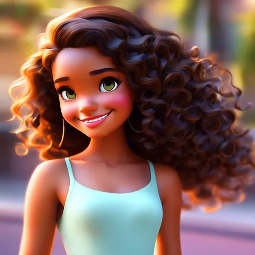 Prompt: Disney, Pixar art style, CGI, girl with muted tan skin, dark eyes, long black curly hair, very pretty