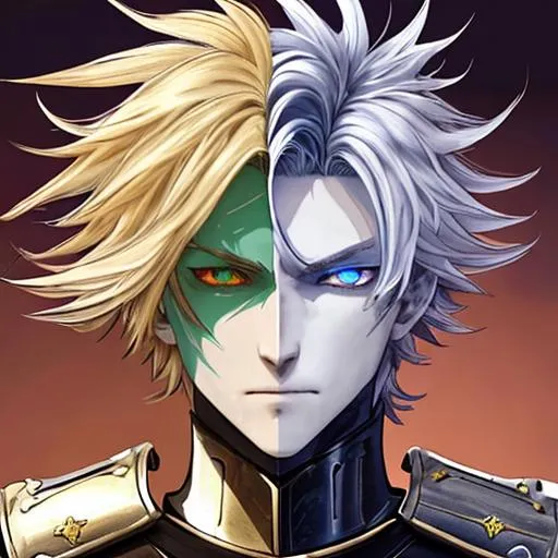 Prompt: E, a dragoon with an answer to everything, smirks a bit, as he remarks and answers. He fluctuates. The hair, from a blonde, black, brown, and red. His armored skin the same colors. His eyes, blue and green are added to the colors for the eyes, no red. Defined himself, by God and for God, existence itself even, and to Himself, for himself, to a tea. His is the letter. And to this letter the essence of everything. He makes sure of everything. 