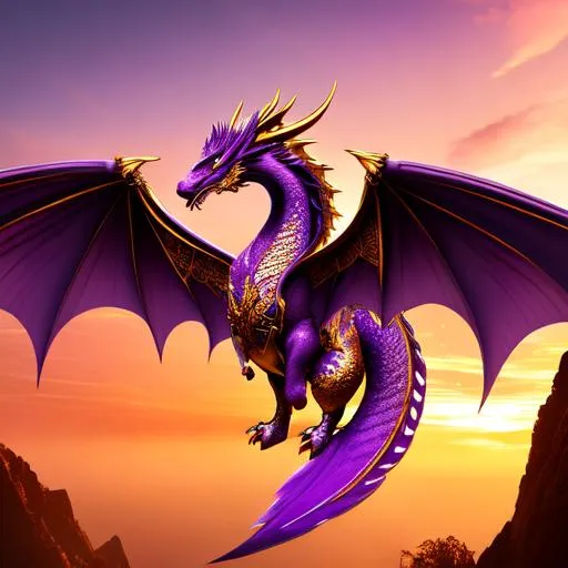 Prompt: Beautiful purple and golden dragon, 8k, high quality, sharp focus, studio photo, intricate details, highly detailed, fairy lights, gothic, full body shot, four legs, huge wings, one tail, background is a golden sunset landscape