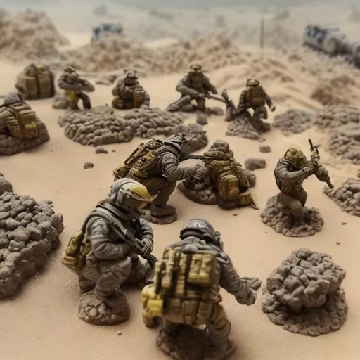 Prompt: mortar team, scifi, army, sand storm, mountain, desert, lightning, fire