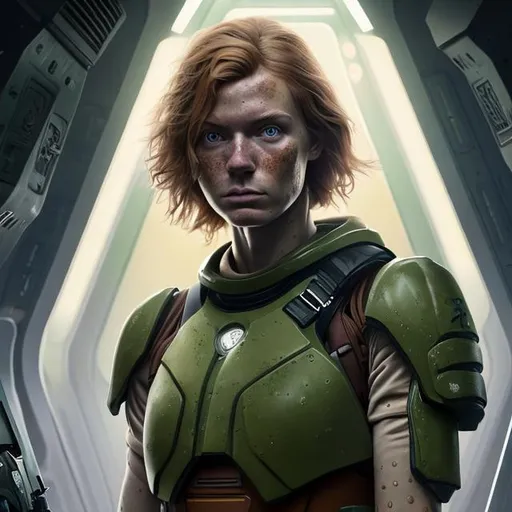 Prompt: Oil painting of a tall woman with Lithuanian features and light brown hair pretty face with freckles, In futuristic storage bay, wearing futuristic military green protective vest over whole torso with no sleeves, purple shorts with bare legs, perfect composition, hype realistic, super detailed, 8k, high quality, trending art, trending on artstation, sharp focus, studio photo, intricate details, highly detailed, by greg rutkowski