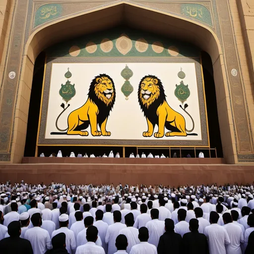 Prompt: In the court of Ma'mun Khalifa Abbasi, the two lions painted on the screen come alive and come to the crowd.
