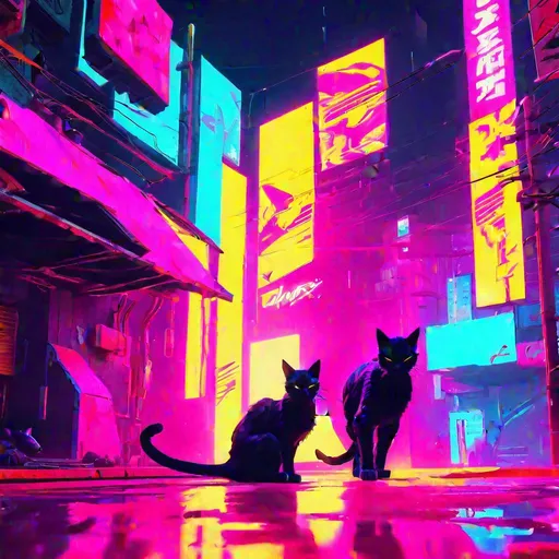 Prompt: Stray cat prowls, Multiple layers of blinding bright neon, Cyberpunk2077 style