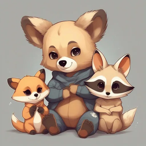 Prompt: anime style, cute, a bear cub with a fennec fox and a raccoon all sat together