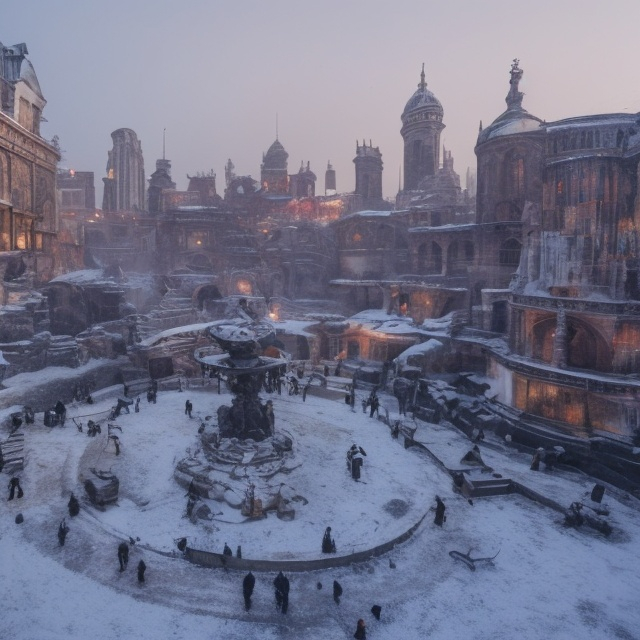 A large city covered in frost and snow with a massive fountain in the middle of the city center Th