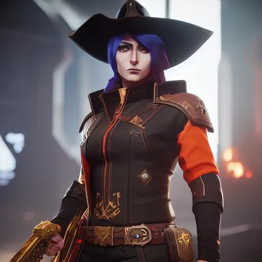 Prompt: Warhammer 40k, Cowboy hat, Female Gunslinger with twin revolvers in her hands, Rogue Trader, Long hair, Black Hair, Space, orange eyes, Bayonetta, Striking Scorpion Armour