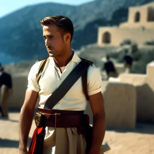 Prompt: Ryan Gosling as a Greek Soldier
