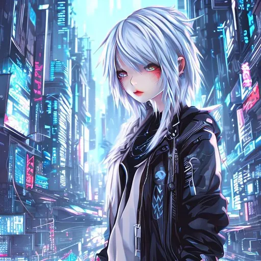 Prompt: Digital art, Anime, japanese Girl, petite, white hair, medium length hair, blue eyes, punk clothes, one fang showing, futuristic city background