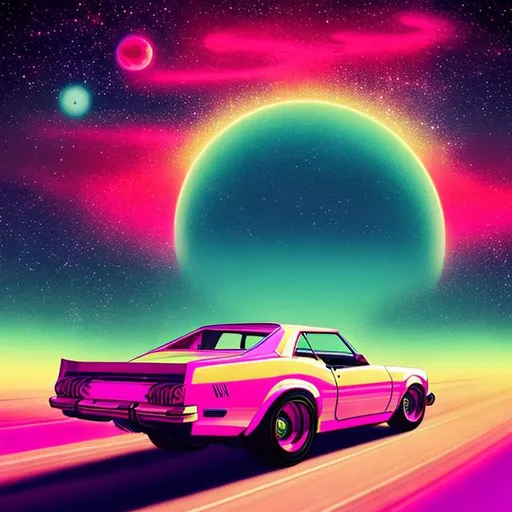 Prompt: retro car scene, miami, retrowave, neon, synthwave, vaporwave, highly detailed, galaxy sky, cosmos