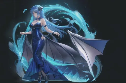 Prompt: a woman how have dragon wings and dragon horn  using dragon breath  with blue hair and a blue dress and black shoes 