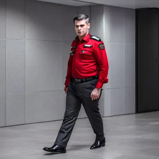 Prompt: A security man dressed in red shirt and grey trouser with black tie