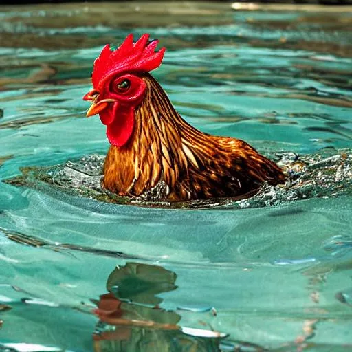 A chicken swimming through water.