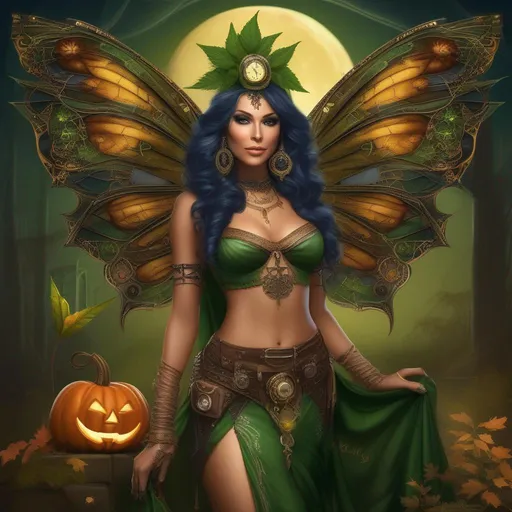 Prompt: full body, ((Ultra-precise depiction)), ((Ultra-detailed depiction)), ((best quality)), (beautiful and aesthetic:1.2)  {{Halloween night}}.  Shes a ((colorful)). steam punk, belly dancer (Witch). A ((spectacular)), winged. Cannabis fairy. A very beautiful,  buxom,  shapely woman. {{{{Anatomically real hands}}}}. {{vivid}}, {{colorful}}, {{extremely, ((bright)) eyes}}, (ultra detailed), ((absurdres)), (((masterpiece))).  Enscape render. She is wearing a skimpy. {{{colorful}}}. {{gossamer}}, {{flowing outfit}}. {Sony a7 IV} , solo ((trending on Artstation))