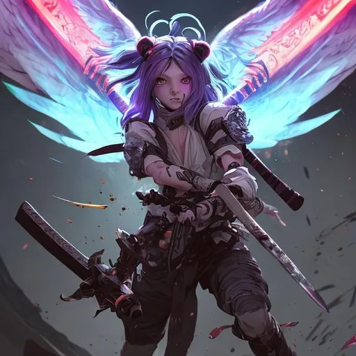 Prompt: a young demon (multi-color hair) (multi-color eyes)(she has rabbit ears) holding a katana, fighting, in a gunfight, bullets flying, fighting in a rural area, sad, (demon tail), (angel wings), lunging at the center, flying in the air

8k resolution concept art by Greg Rutkowski dynamic lighting hyperdetailed intricately detailed Splash art trending on Artstation triadic colors Unreal Engine 5 volumetric lighting Alphonse Mucha WLOP Jordan Grimmer orange and teal Professional photography, bokeh, natural lighting, canon lens, shot on dslr 64 megapixels sharp focus" "ugly, tiling, poorly drawn hands, poorly drawn feet, poorly drawn face, out of frame, extra limbs, disfigured, deformed, body out of frame, blurry, bad anatomy, blurred, watermark, grainy, signature, cut off, draft