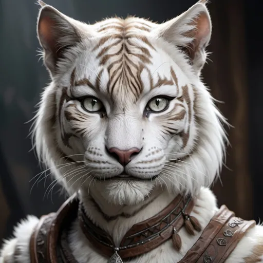 Prompt: hyper-realistic Khajiit character with white tiger fur, she has light grey eyes, fantasy character art, illustration, dnd, 