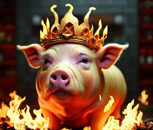 Prompt: Golden pig wearing a crown made of fire