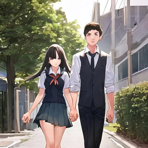 Prompt: a girl and a boy holding hands in front of a school