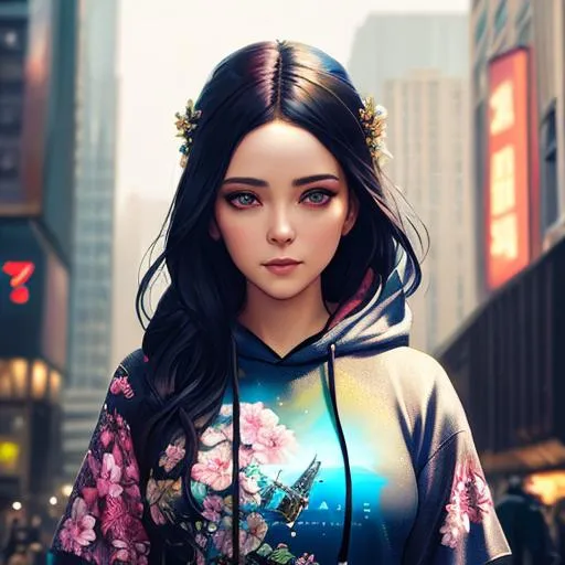 Prompt: City setting, realistic beautiful young woman wearing a graphic t-shirt under a floral hoodie, full body,  4K, 8K, photorealistic, Intricately detailed front facing elaborate beautiful intricate glistening face bright eyes painting by Ismail_Inceoglu Tom Bagshaw Dan Witz CGSociety ZBrush Central fantasy art 4K, digital painting, digital illustration, extreme detail, digital art, ultra hd, tumblr aesthetic, hd photography, hyperrealism, extreme long shot, telephoto lens, motion blur, wide angle lens, deep depth of field, warm, anime Character Portrait, Symmetrical, Soft Lighting, Reflective Eyes, Pixar Render, Unreal Engine Cinematic Smooth, Intricate Detail, anime Character Design, Unreal Engine, Beautiful, Tumblr Aesthetic, Hd Photography, Hyperrealism, Beautiful Watercolor Painting, Realistic, Detailed, Painting By Olga Shvartsur, Svetlana Novikova, Fine Art
